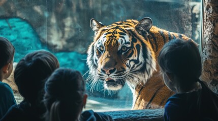 Wall Mural - A group of zoo visitors observing a tiger through a glass panel, with the tiger staring back.