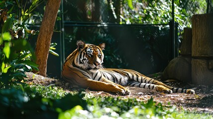Wall Mural - A tiger lounging in the shade of its zoo habitat, its stripes blending into the surroundings.