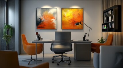 Poster - Modern Office Interior with Desk, Chairs, and Abstract Art