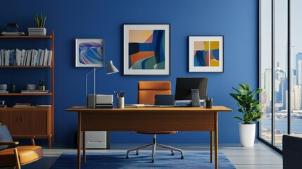 Poster - Modern Office Interior with Blue Walls, City View, and Artwork