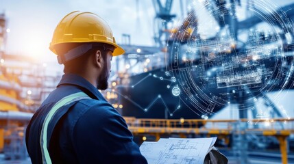 blended image of worker wearing a hard hat a shipyard at ship with digital blueprints overlaying the