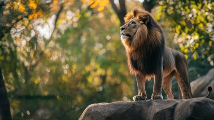 Wall Mural - A powerful lion standing on a rock, surveying its zoo enclosure with pride.