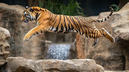 a tiger leaping across rocks in its zoo enclosure, displaying its agility and power.