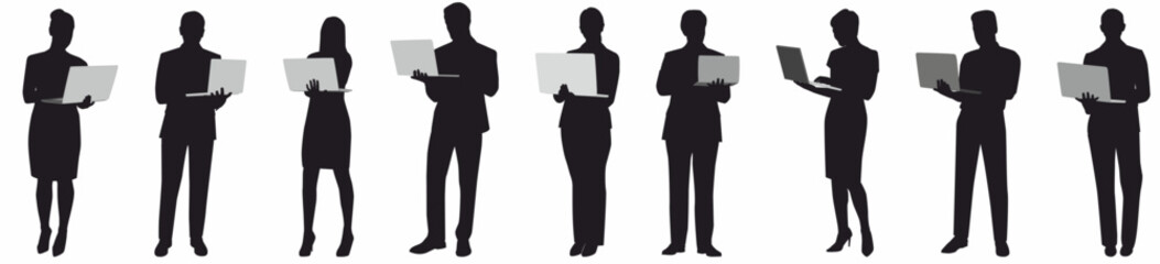 business people group standing and working at laptop vector silhouette set.