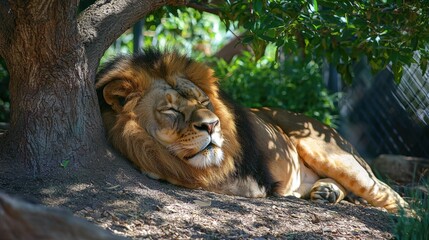 Wall Mural - A lion lounging under the shade of a tree in its zoo enclosure, resting peacefully.