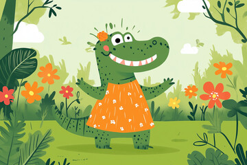 Wall Mural - A cute, happy crocodile playing with his friends, suitable for kindergarten art and children's book cover illustrations.