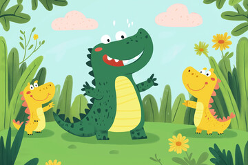 Wall Mural - A cute, happy crocodile playing with his friends, suitable for kindergarten art and children's book cover illustrations.