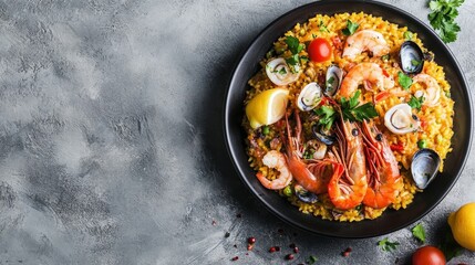 A high-quality stock image of a plate of fresh seafood paella on the right side, leaving space on the left for text. Perfect for seafood dishes, Spanish cuisine, restaurant menus.