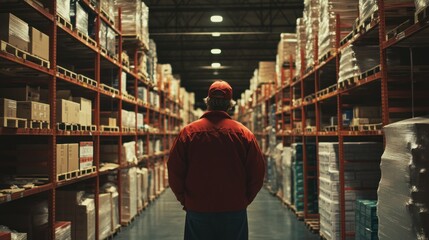 Poster - A lone worker in a warehouse aisle surrounded by shelves of stacked boxes