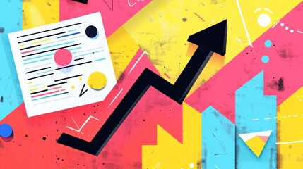 Poster - Colorful abstract illustration of a business growth chart with upward arrow and geometric shapes. Modern business success and positive financial trends concept.