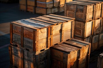 Global Trade: Weathered Wooden Crates with Shipping Labels on Sunlit Tarmac