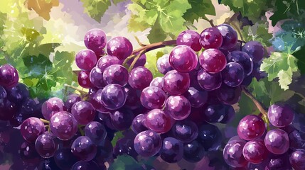 Wall Mural - Sun-Kissed Bounty: A Digital Watercolor of Ripe Grapes 