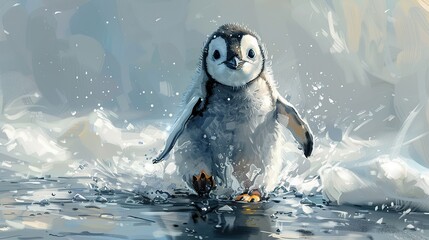 Wall Mural - Cute Penguin Waddling Through the Water