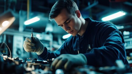 Poster - Mechanic Working on an Engine with a Screwdriver
