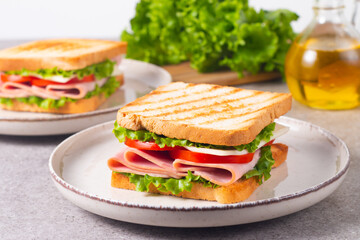 Close-up of two sandwiches with bacon, salami, prosciutto and fresh vegetables on rustic wooden cutting board. Club sandwich concept