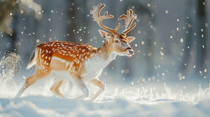 Wall Mural - Fallow Deer Running Through Winter Wonderland