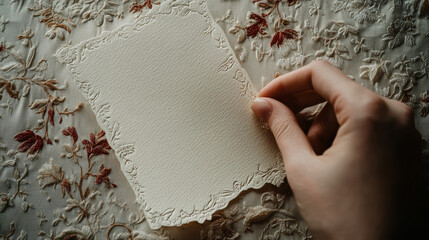 A hand is touching a white plate with a flower design