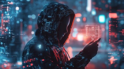 Poster - Cyber hacker in a high-tech digital environment holding a futuristic holographic device. Emphasizing advanced cybersecurity and digital threats in a neon-lit urban setting.