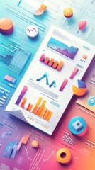 Poster - Colorful 3D business charts and data visualization elements on a pastel gradient background. Financial analysis and business infographic concept.