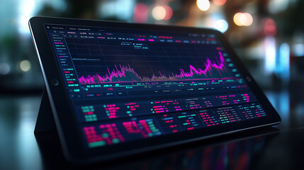 A digital stock market graph on an iPad screen, displaying rising and falling candlestick charts with colorful lines representing the trading activity