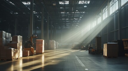 Poster - Forklifts and Pallets of Boxes in a Large Warehouse with Sunlight Streaming Through Windows