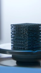 Wall Mural - Close-up of cube in laboratory. Stock footage. Futuristic 3D cube lies in scientific laboratory. Unidentified mysterious cube is in scientific laboratory