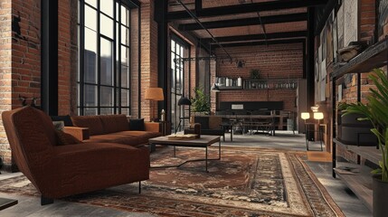 Wall Mural - Industrial Loft Living Room with Exposed Brick Walls and Large Windows