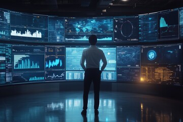Poster - In a hightech control room, a skilled Business Analyst analyzes data trends to create impactful reports, enhancing decisionmaking and ensuring informed strategy development and execution