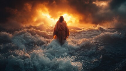 Jesus walks on the stormy waters of the sea