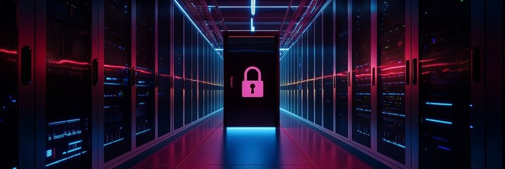 Poster - Server room illuminated with blue and red lights and a pink lock icon. Emphasizing modern cybersecurity and data protection.