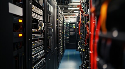 Poster - Rows of Black Server Racks with Red and Black Wires