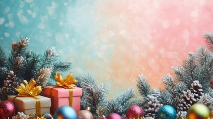 Wall Mural - Christmas background vibrant multicolor pine branches, ornaments, glittering stars, festive Christmas balls, gift box. Merry Christmas and new year background, Beautiful gift box, Xmas web header