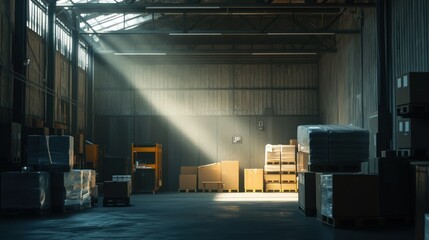 Wall Mural - A Large Industrial Warehouse with Cardboard Boxes and a Single Beam of Light