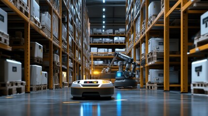 Poster - Automated Warehouse Robots Moving Products Between Shelves