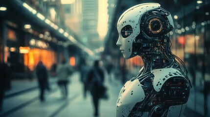 Poster - A humanoid robot with exposed circuitry standing in a city street.