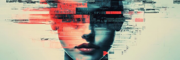 Aufkleber - Abstract digital face with data streams and fragmented pixels against a dark background. Symbolizes digital identity and cybersecurity.