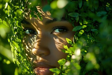 Wall Mural - Woman's Face Partially Hidden by Lush Green Foliage