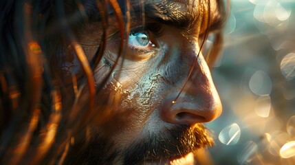 A close-up of a blind man’s face as his eyes open and light pours in, capturing the split-second transformation from blindness to sight, the background a swirling mix of light and colors,