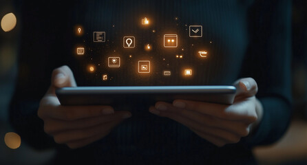 A person holding an iPad with icons of social media and mobile app features floating above it, representing the integration between these digital platforms for online business.