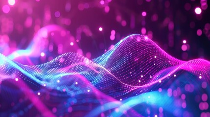 Wall Mural - Abstract futuristic background with purple and blue glowing neon moving high speed wave lines and bokeh lights. Visualization of sound waves. Data transfer. Fantastic wallpaper gen by AI