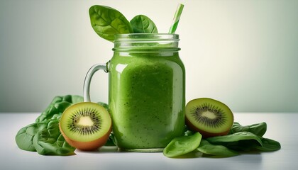 A refreshing green smoothie in a mason jar, surrounded by slices of kiwi and spinach leaves, 