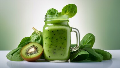 Wall Mural - A refreshing green smoothie in a mason jar, surrounded by slices of kiwi and spinach leaves, 