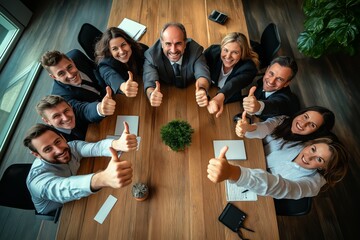 Poster - A successful business team is gathered together and celebrating their remarkable achievements with joyful expressions, giving thumbs up to one another as a sign of appreciation and teamwork