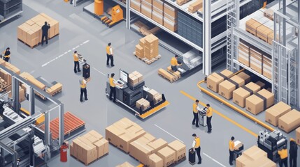 Poster - Warehouse Workers Sorting and Loading Cardboard Boxes