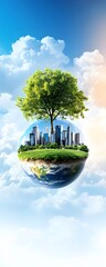 Wall Mural - Green City on Earth Globe with Tree.