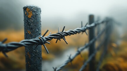 Wall Mural - view along a high fence with barbed wire against blue und colorful sunset sky.