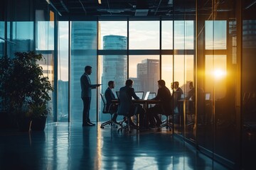 Poster - A business meeting is scheduled to take place during the stunning sunset in a sleek, modern office environment, fostering ambition, collaboration, and innovative ideas among professionals