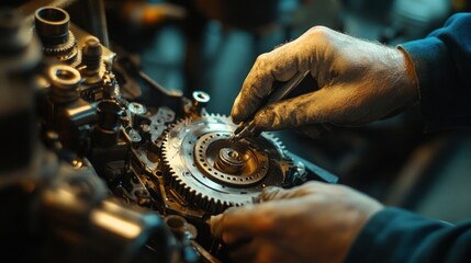 Poster - Mechanic Working on a Complex Gear System with a Tool