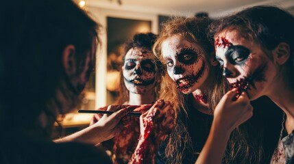 Wall Mural - A group of friends getting ready for a zombie-themed event, applying zombie makeup together.