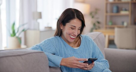 Poster - woman, relax and laughing on sofa with phone for funny text message, social media meme or online jok